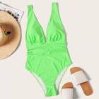 Romwe Neon Lime Plunge Neckline Ruched One Piece Swimsuit