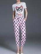 Romwe White Pink Cat Print Top With Elastic-waist Pants