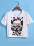 Romwe Cat Letter Print Crop T-shirt