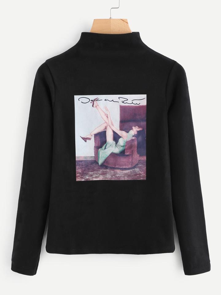 Romwe High Neck Graphic Print Tee