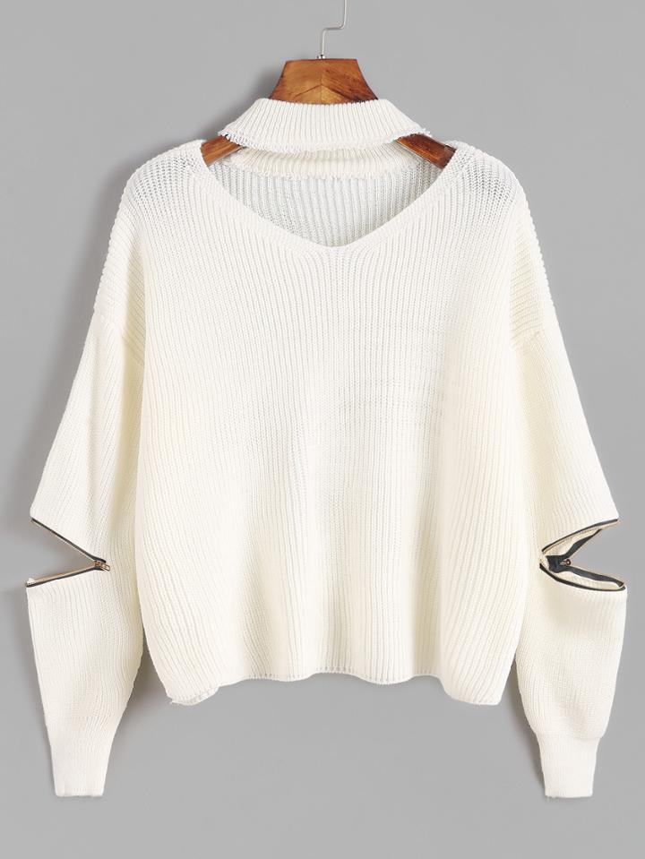 Romwe Ivory Choker Neck Sweater With Sleeve Zip Detail