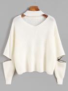 Romwe Ivory Choker Neck Sweater With Sleeve Zip Detail