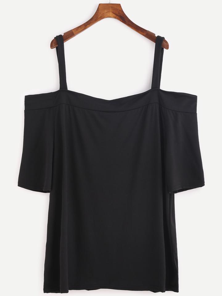 Romwe Black Cold Shoulder Plain Top