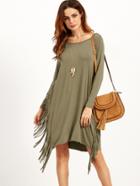 Romwe Olive Green Long Sleeve Fringe Dress