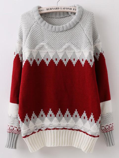 Romwe Geometric Print Wine Red Sweater