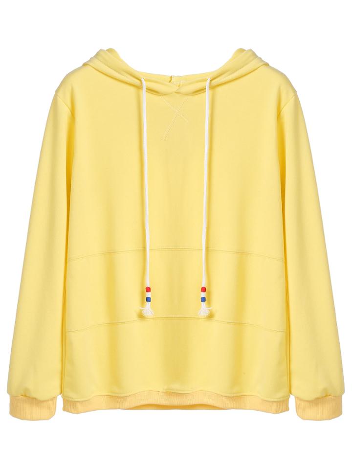 Romwe Yellow Drawstring Hooded Sweatshirt