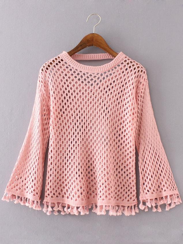 Romwe Watermelon Red Round Neck Hollow Tassel Sweater