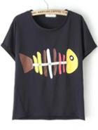 Romwe Black Short Sleeve Fishbone Print T-shirt