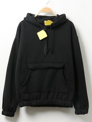 Romwe Hooded Drawstring Thicken Black Sweatshirt With Pocket