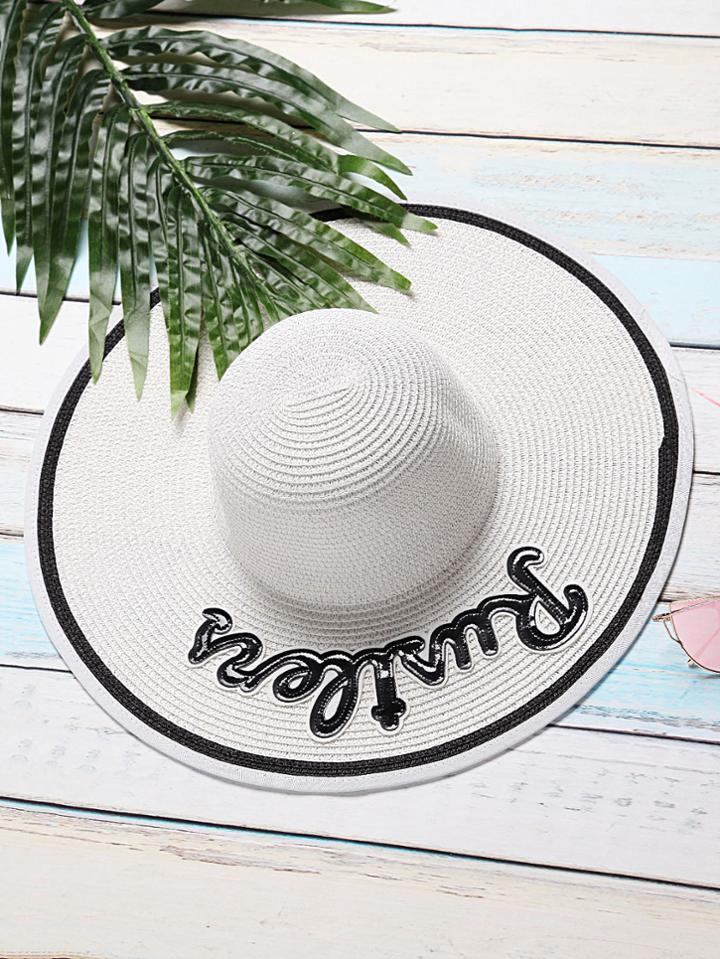 Romwe White Letter Patch Wide Brim Straw Hat