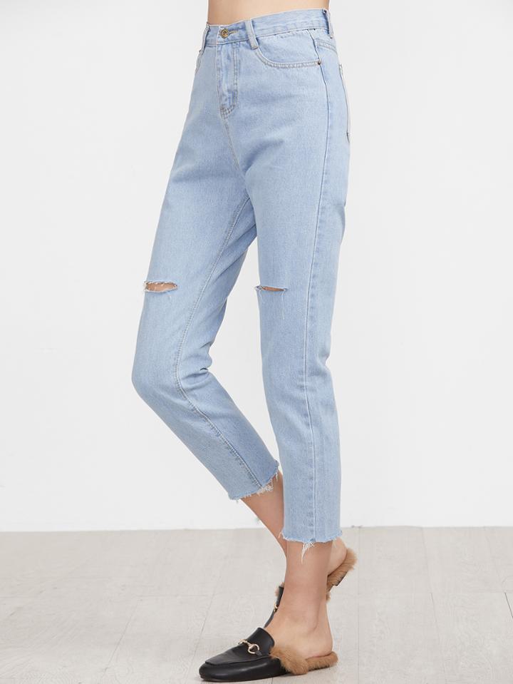 Romwe Pale Blue Fringe Hem Ripped Jeans