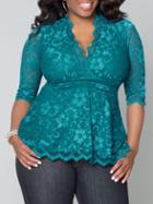 Romwe V Neck Scalloped Hem Lace Green Blouse