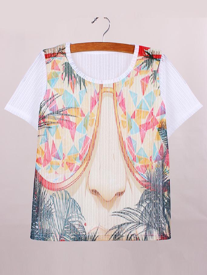 Romwe White Face Print Mesh Top