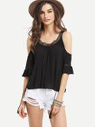 Romwe Lace Insert Cutout Shoulder Blouse