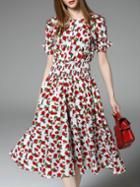 Romwe White Elastic-waist Floral A-line Dress