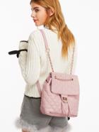 Romwe Pink Pu Quilted Flap Drawstring Backpack