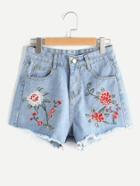 Romwe Floral Embroidered Destroyed Back Fray Hem Shorts
