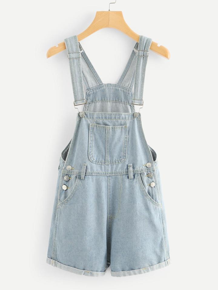 Romwe Pocket Front Roll Up Hem Denim Overalls