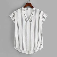 Romwe Plus Dip Hem Striped V-neck Blouse