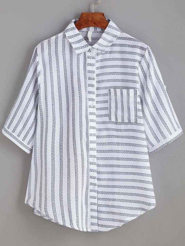 Romwe White Mixed Stripe Blouse With Pocket