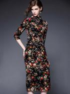 Romwe Multicolor Stand Collor Length Sleeve Drawstring Pockets Dress