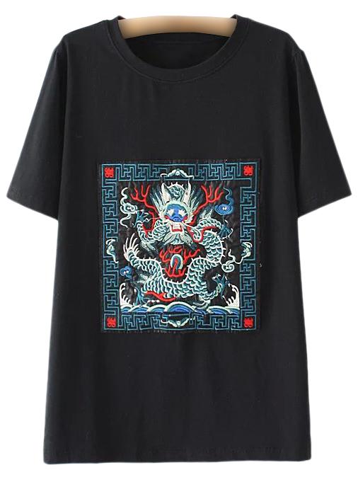 Romwe Black Short Sleeve Totem Embroidery T-shirt