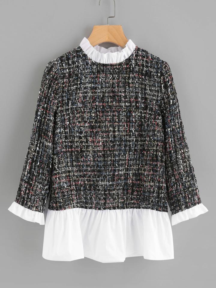 Romwe Contrast Frill Trim Tweed Top