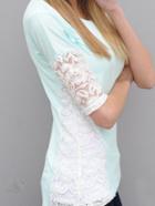 Romwe Elbow Sleeve Contrast Lace Pale Blue T-shirt