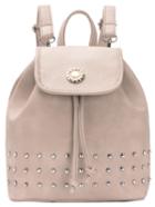 Romwe Metal Plate Embellished Flap Studded Backpack - Off White