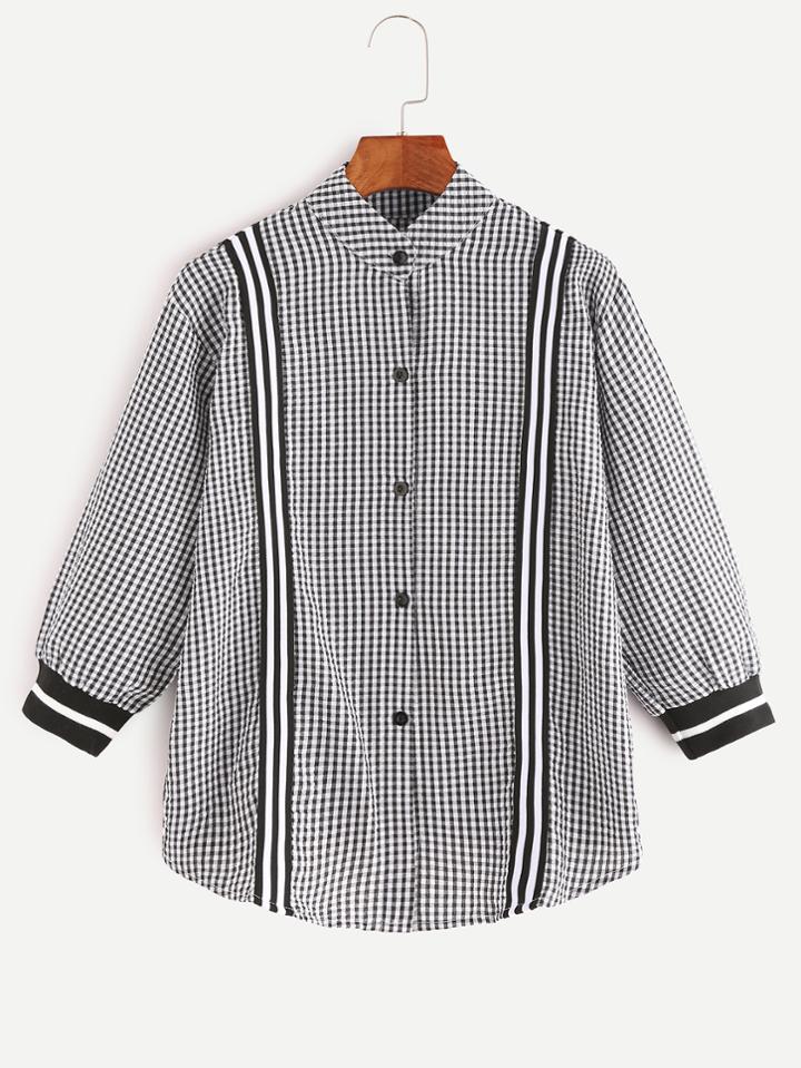 Romwe Check Plaid Contrast Striped Trim Dip Hem Blouse