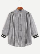 Romwe Check Plaid Contrast Striped Trim Dip Hem Blouse