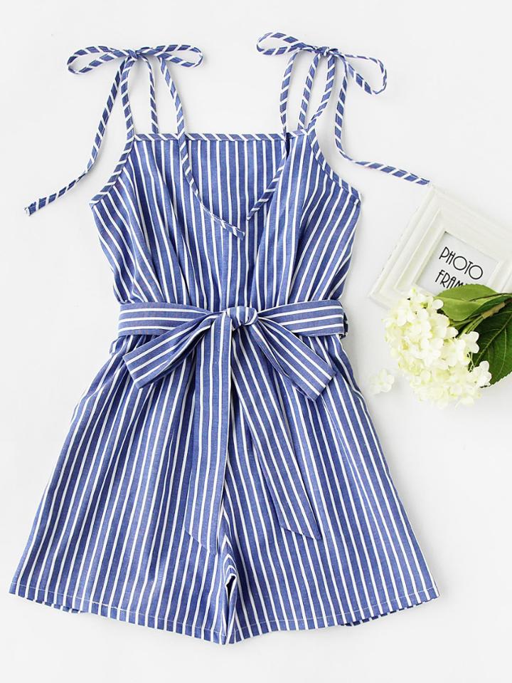 Romwe Vertical Striped Self Tie Shoulder Belt Romper