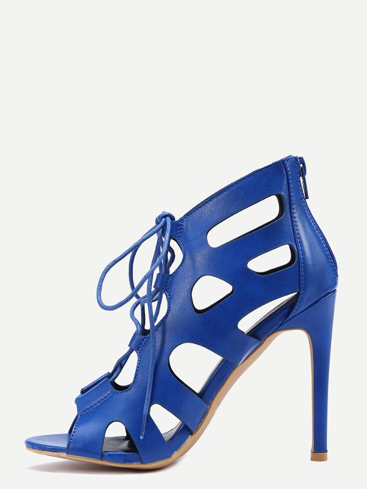 Romwe Laser Cut Peep Toe Lace-up Pumps - Blue