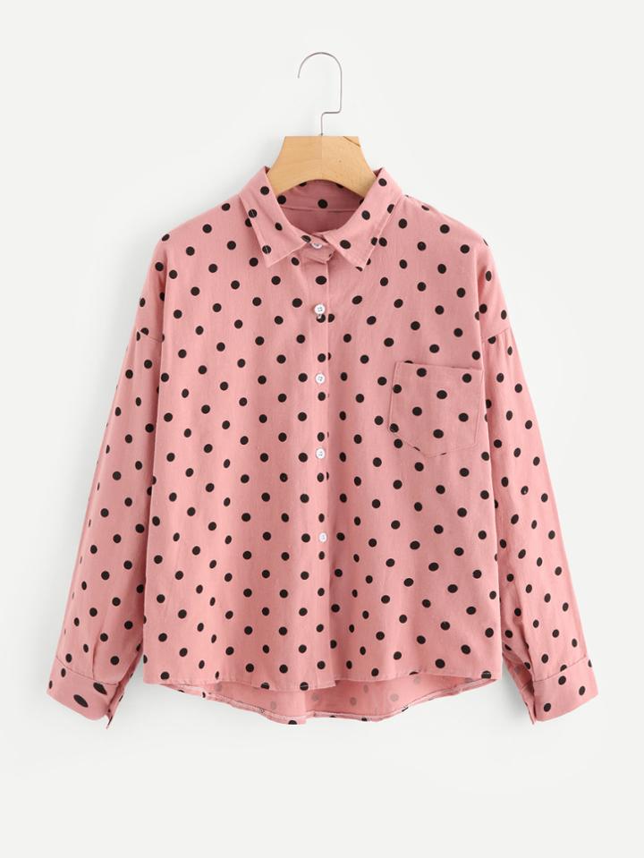 Romwe Polka Dot Single Breasted Chest Pocket Blouse