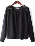 Romwe Round Neck With Rivet Black Blouse