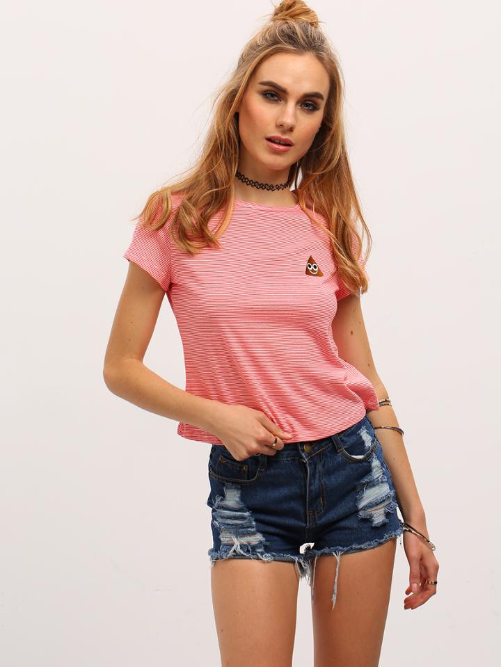 Romwe Red White Stripe Short Sleeve T-shirt