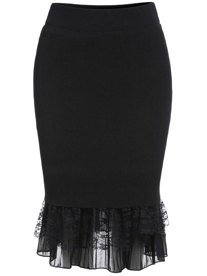 Romwe Lace Insert Bodycon Black Skirt