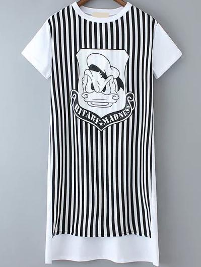 Romwe Dip Hem Donald Duck Print Vertical Striped T-shirt