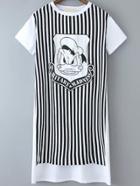Romwe Dip Hem Donald Duck Print Vertical Striped T-shirt