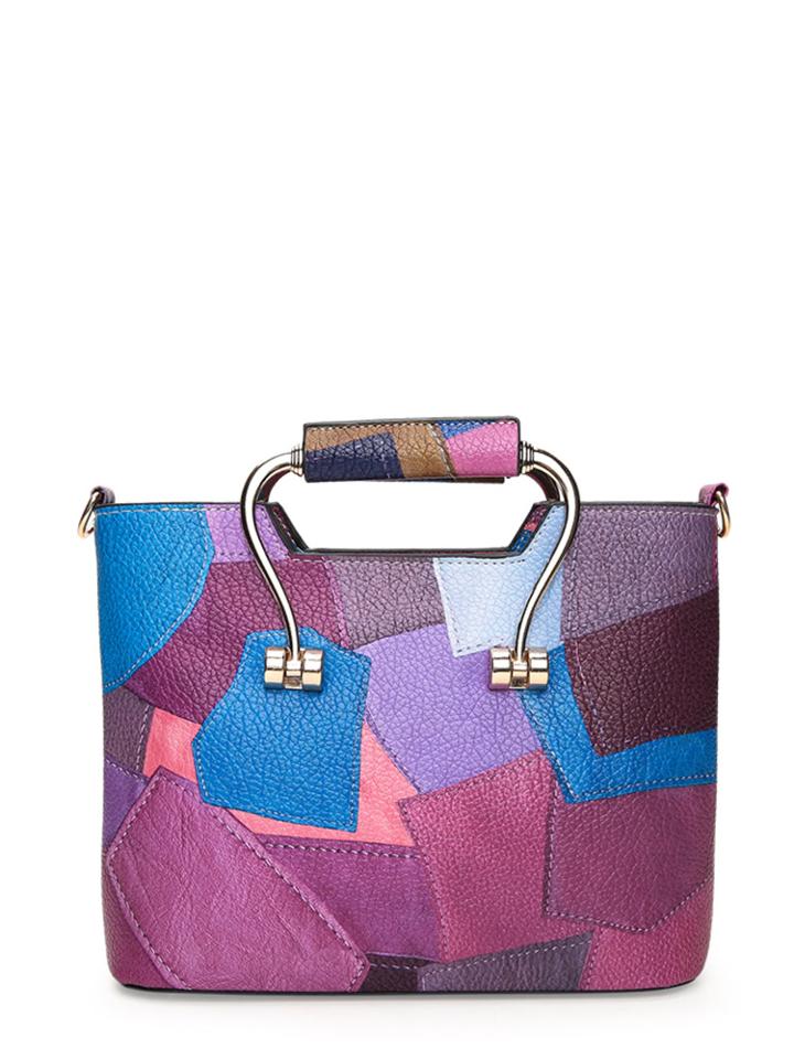 Romwe Geometric Design Textured Pu Handbag With Metallic Handel
