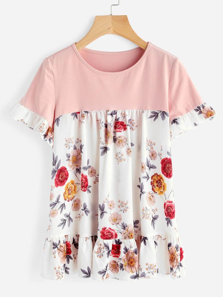 Romwe Mixed Medial Frill Detail Top