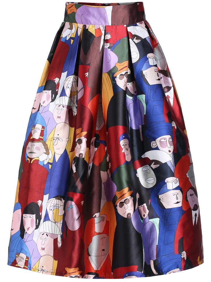 Romwe Cartoon Print Zipper Flare Skirt