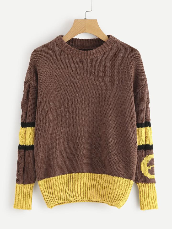 Romwe Contrast Panel Drop Shoulder Cable Knit Jumper