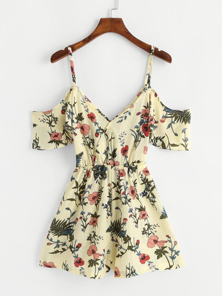 Romwe Botanical Print Open Shoulder Jumpsuit