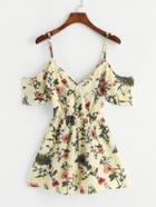 Romwe Botanical Print Open Shoulder Jumpsuit