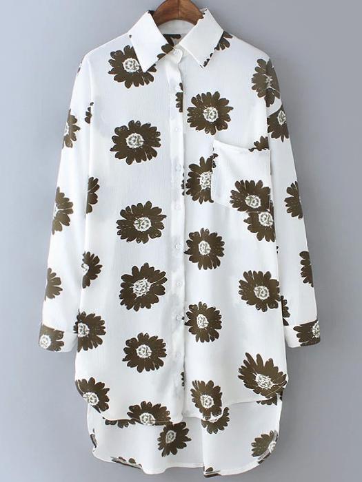 Romwe Dip Hem Flower Print Chiffon Brown Blouse