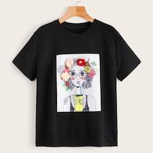 Romwe 3d Floral Appliques Figure Print Tee