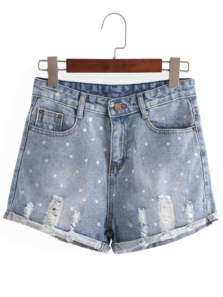 Romwe Ripped Polka Dot Denim Shorts