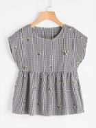 Romwe Embroidered Gingham Smock Top