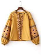 Romwe Yellow Lantern Sleeve Self Tie Embroidery Coat